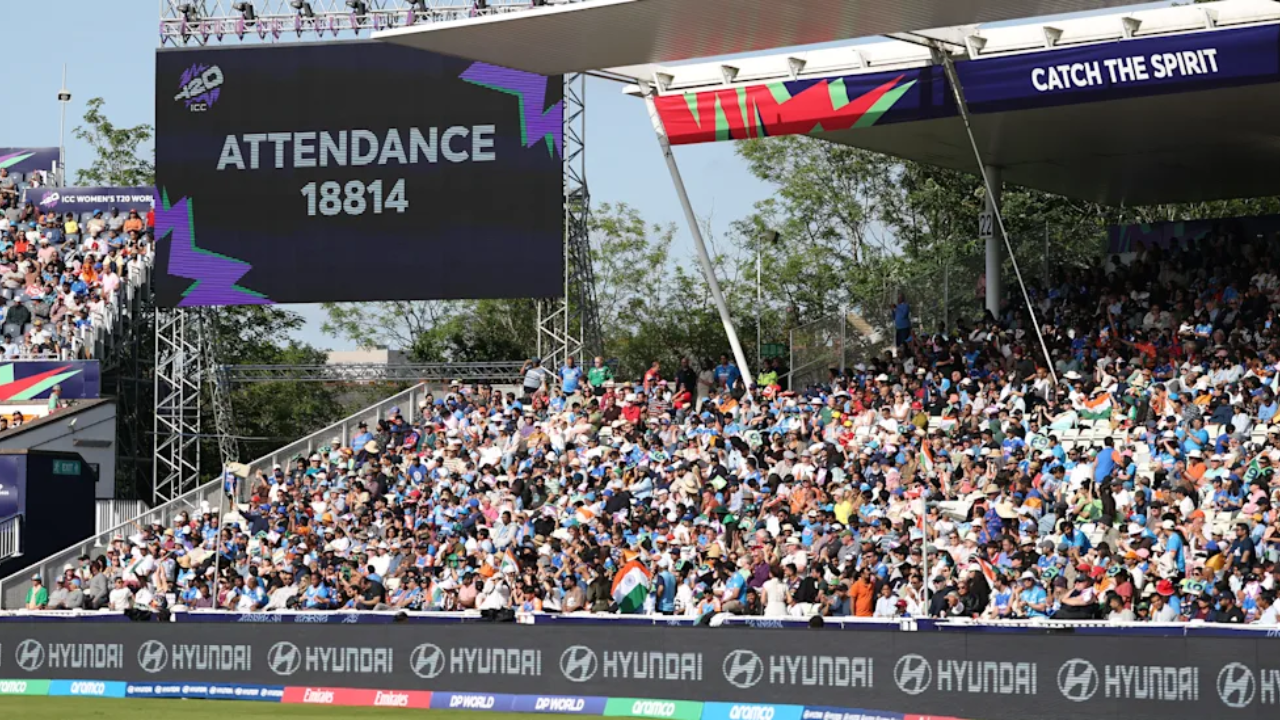 Large crowd of cricket fans filling the stadium stands during the ICC Women’s T20 World Cup, with a giant screen displaying attendance of 18,814 spectators.