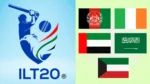 ILT20 logo displayed alongside the flags of Afghanistan, Ireland, the United Arab Emirates, Saudi Arabia, and Kuwait in a graphic related to player eligibility, recruitment, or international participation in the tournament.