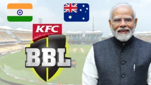 Narendra Modi pictured alongside Big Bash League (BBL) branding, with India and Australia flags displayed over a cricket stadium backdrop representing India-Australia cricket relations.