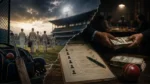 Conceptual illustration depicting alleged pay-to-play practices in Indian cricket, featuring cricketers entering a stadium alongside imagery of money exchanges and player selection documents.