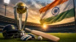 ICC Cricket World Cup trophy with Indian cricket helmet, bat, gloves and Indian flag in a stadium, representing India's ODI World Cup history and achievements