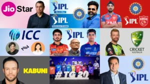Collage featuring IPL and cricket news topics including JioHotstar, BCCI, Cricket Australia, Harpreet Brar, TG20 launch event, player transfers, and cricket administration updates.