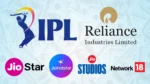 Logos of IPL, Reliance Industries, JioStar, JioHotstar, Jio Studios, and Network18 displayed in a cricket and media business graphic highlighting broadcasting, streaming, and sports rights.