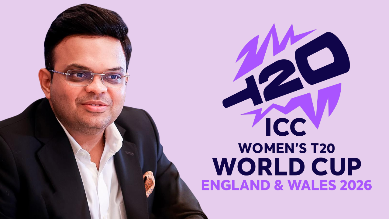 ICC Chairman Jay Shah pictured alongside the ICC Women's T20 World Cup 2026 logo for the tournament in England and Wales.