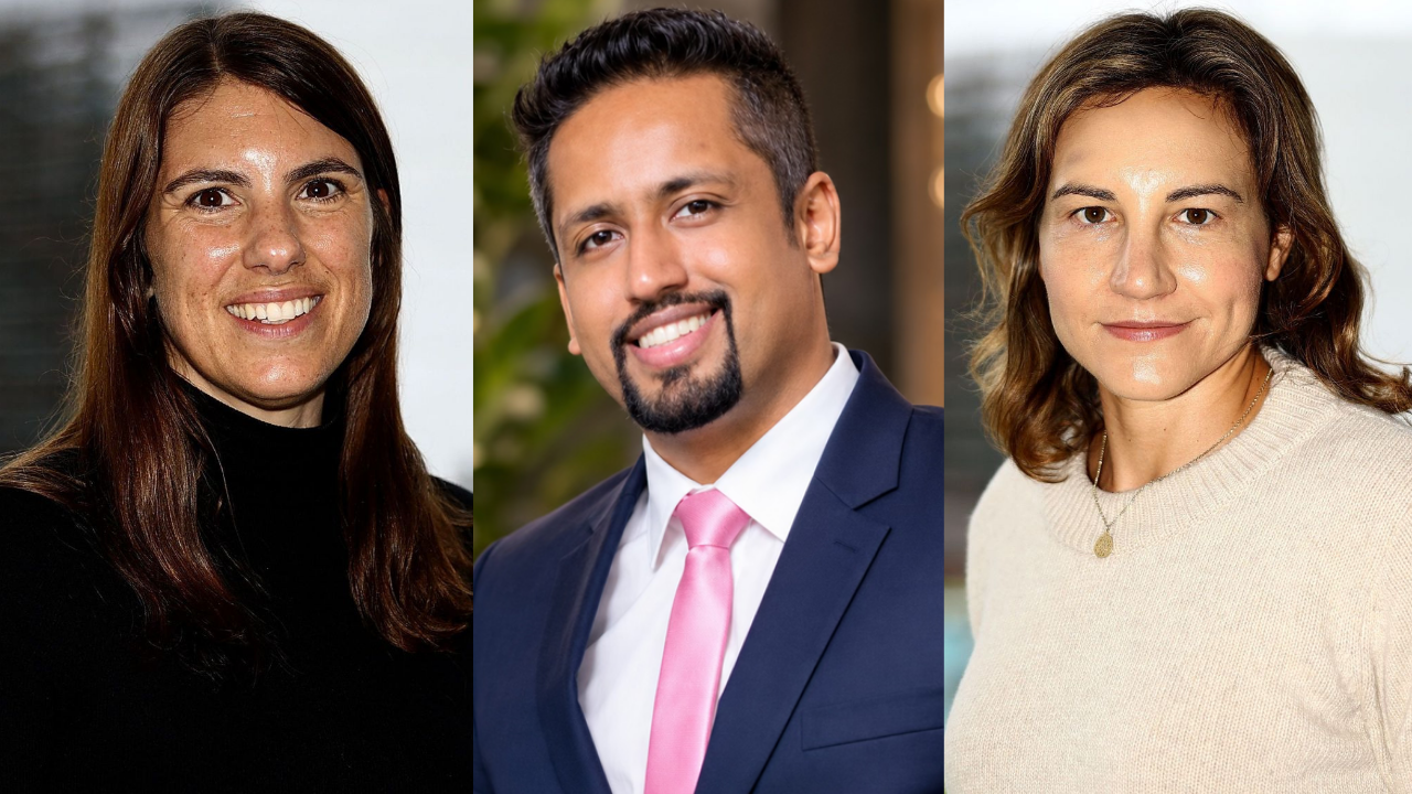 Jenny Mitton, Shannon Rosario and Elena Narozanski featured in a professional portrait montage highlighting leadership and executive roles within the cricket industry.