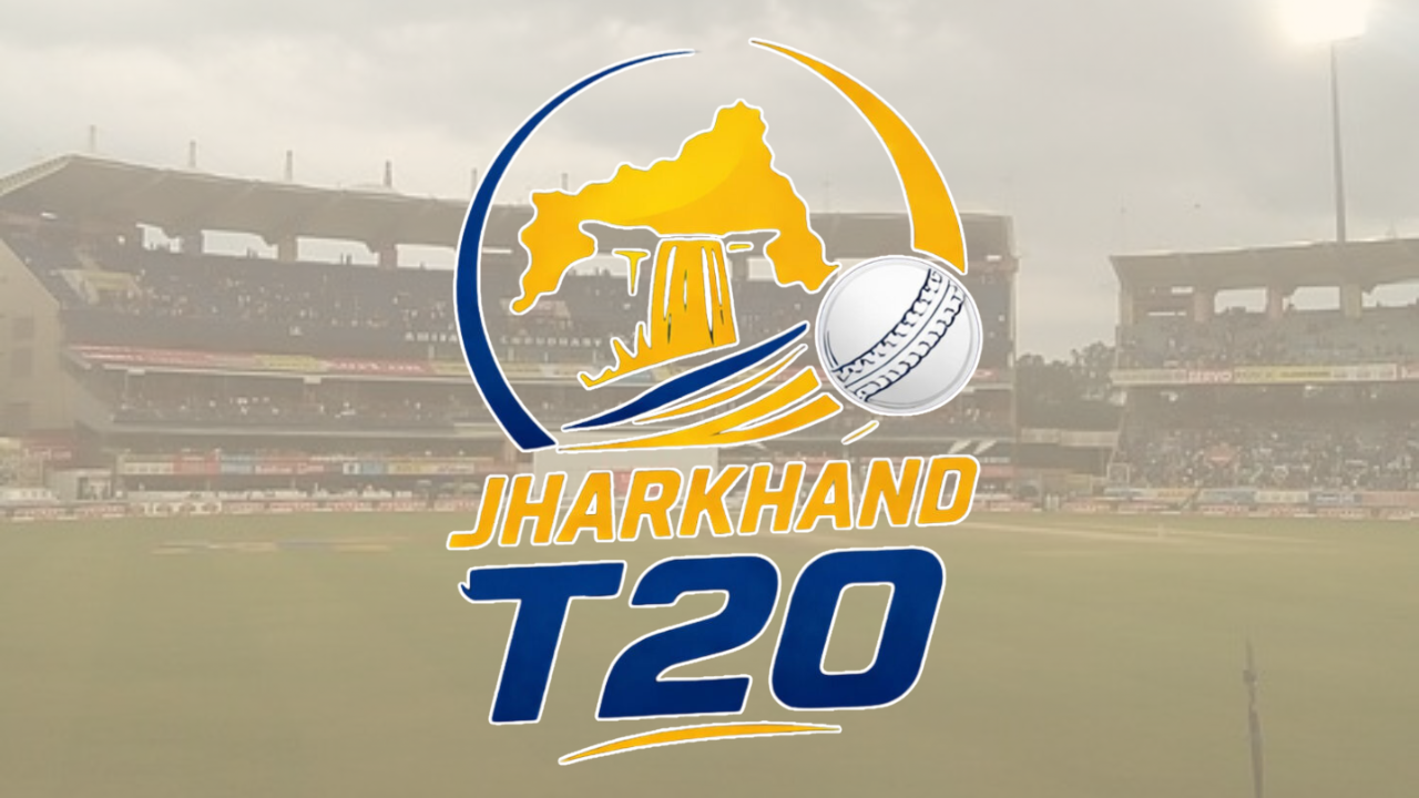Jharkhand T20 League logo displayed with the JSCA International Cricket Stadium in Ranchi as the background.