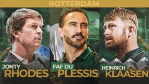 Promotional graphic featuring Jonty Rhodes, Faf du Plessis, and Heinrich Klaasen against a Rotterdam cityscape backdrop, highlighting a cricket event in the Netherlands.