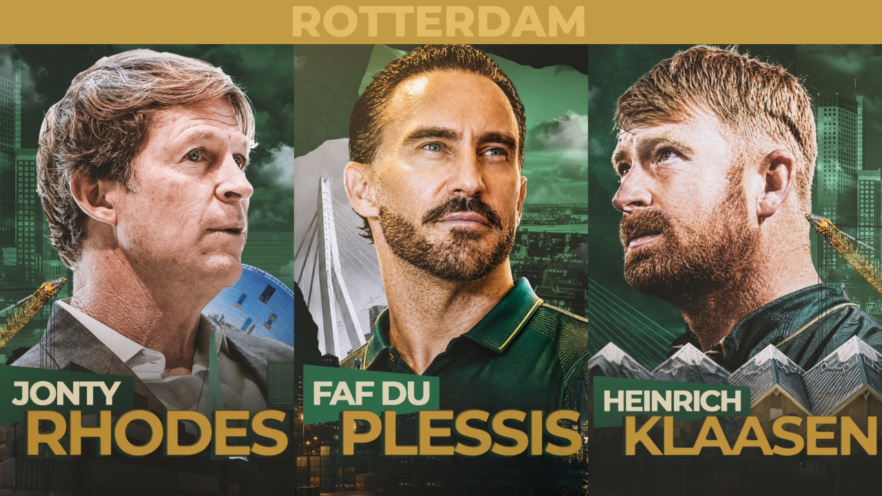 Promotional graphic featuring Jonty Rhodes, Faf du Plessis, and Heinrich Klaasen against a Rotterdam cityscape backdrop, highlighting a cricket event in the Netherlands.