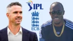 Kevin Pietersen and Jofra Archer pictured alongside IPL and ECB logos amid discussions involving franchise and international cricket.