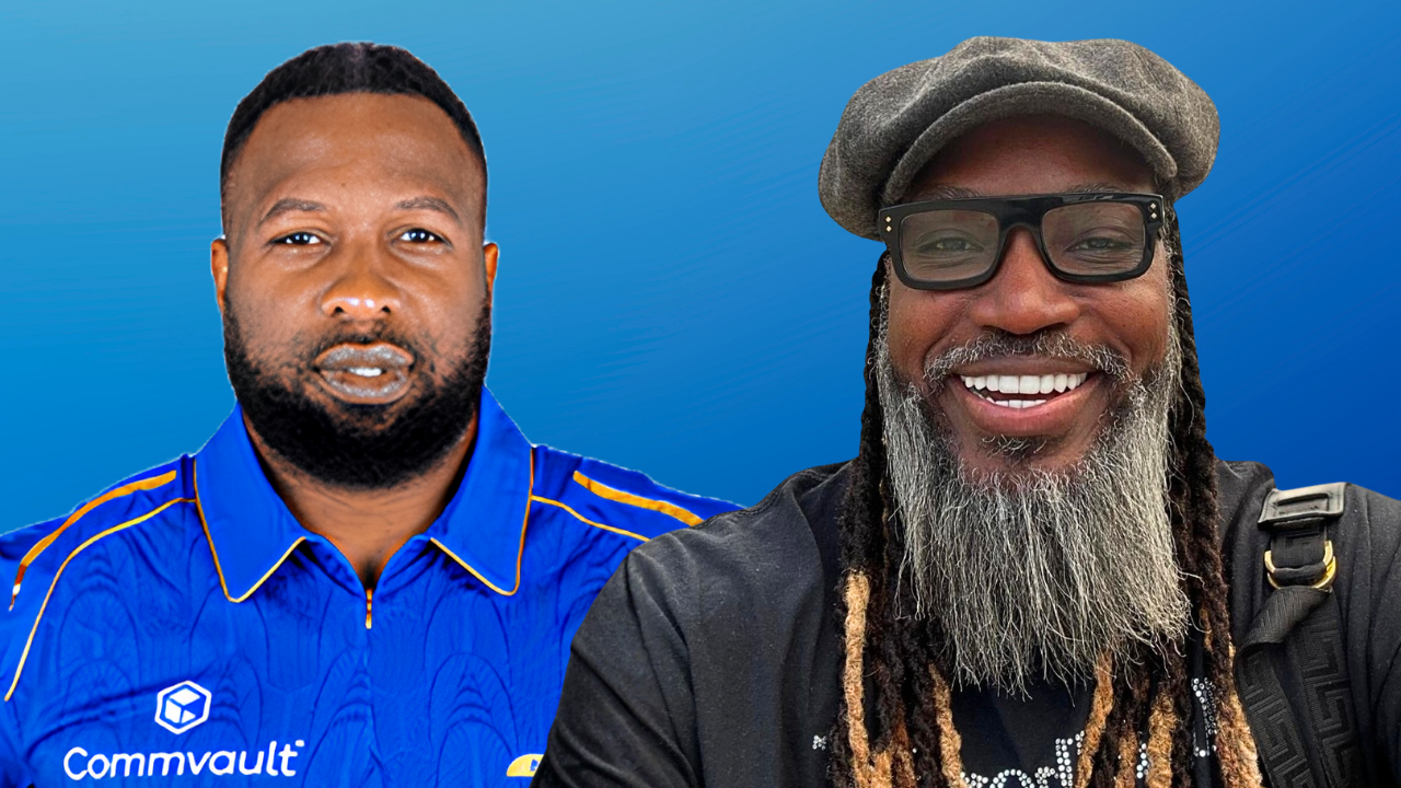 Kieron Pollard and Chris Gayle featured in a promotional cricket graphic, highlighting two iconic West Indies cricketers against a blue background.