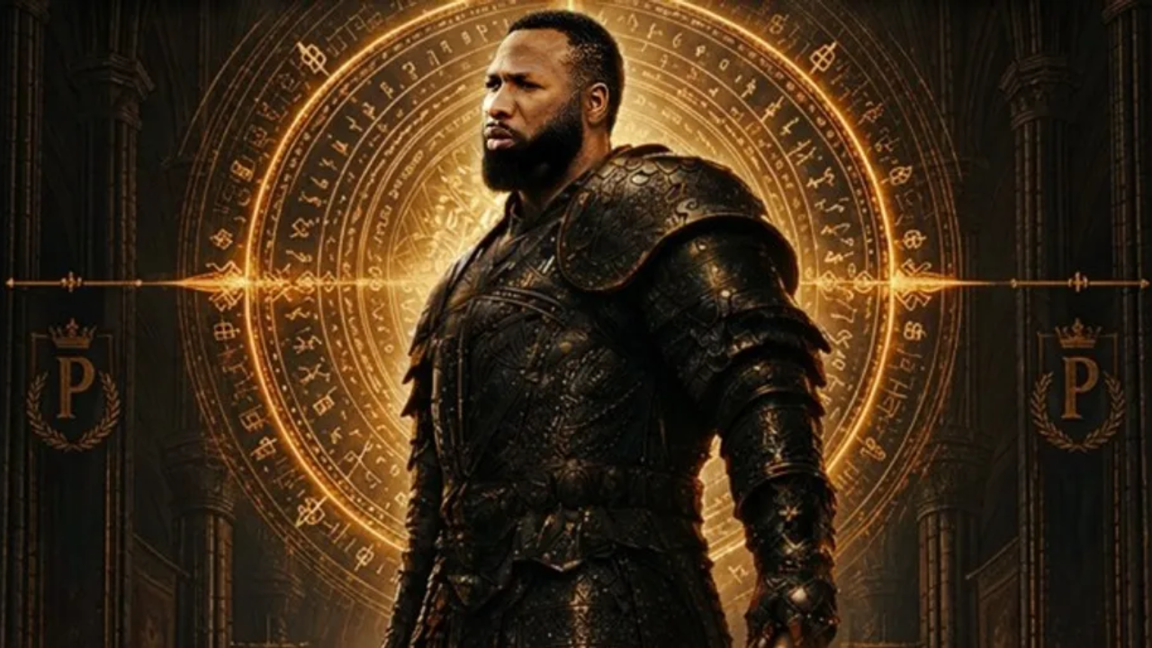 Stylized fantasy depiction of Kieron Pollard wearing dark armor and standing before a glowing golden rune circle in a medieval-inspired setting.