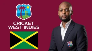 Kishore Shallow pictured alongside Cricket West Indies branding and the Jamaica flag, highlighting his leadership role in Caribbean cricket administration.