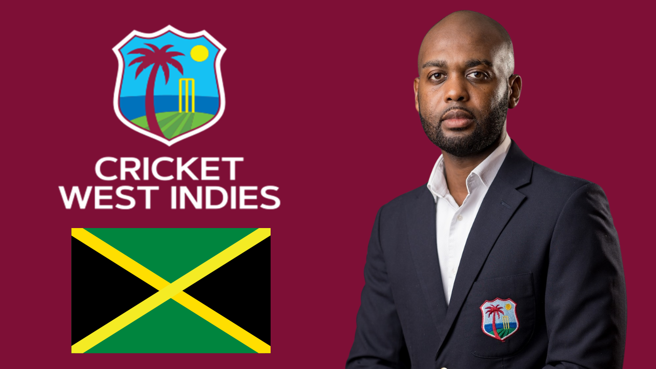 Kishore Shallow pictured alongside Cricket West Indies branding and the Jamaica flag, highlighting his leadership role in Caribbean cricket administration.