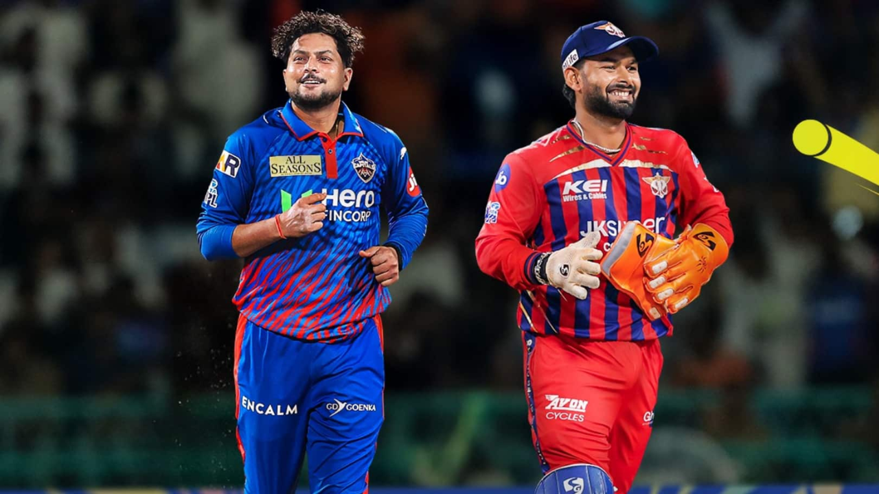 Kuldeep Yadav of Delhi Capitals and Rishabh Pant of Lucknow Super Giants share a moment during an IPL 2025 match, wearing their respective team kits on the field.