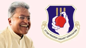 Lalit Modi pictured alongside the Uttar Pradesh Cricket Association (UPCA) logo, representing cricket administration and governance in Uttar Pradesh.