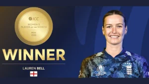 England cricketer Lauren Bell after being named ICC Women's Player of the Month for May 2026, featured alongside the official award graphic.
