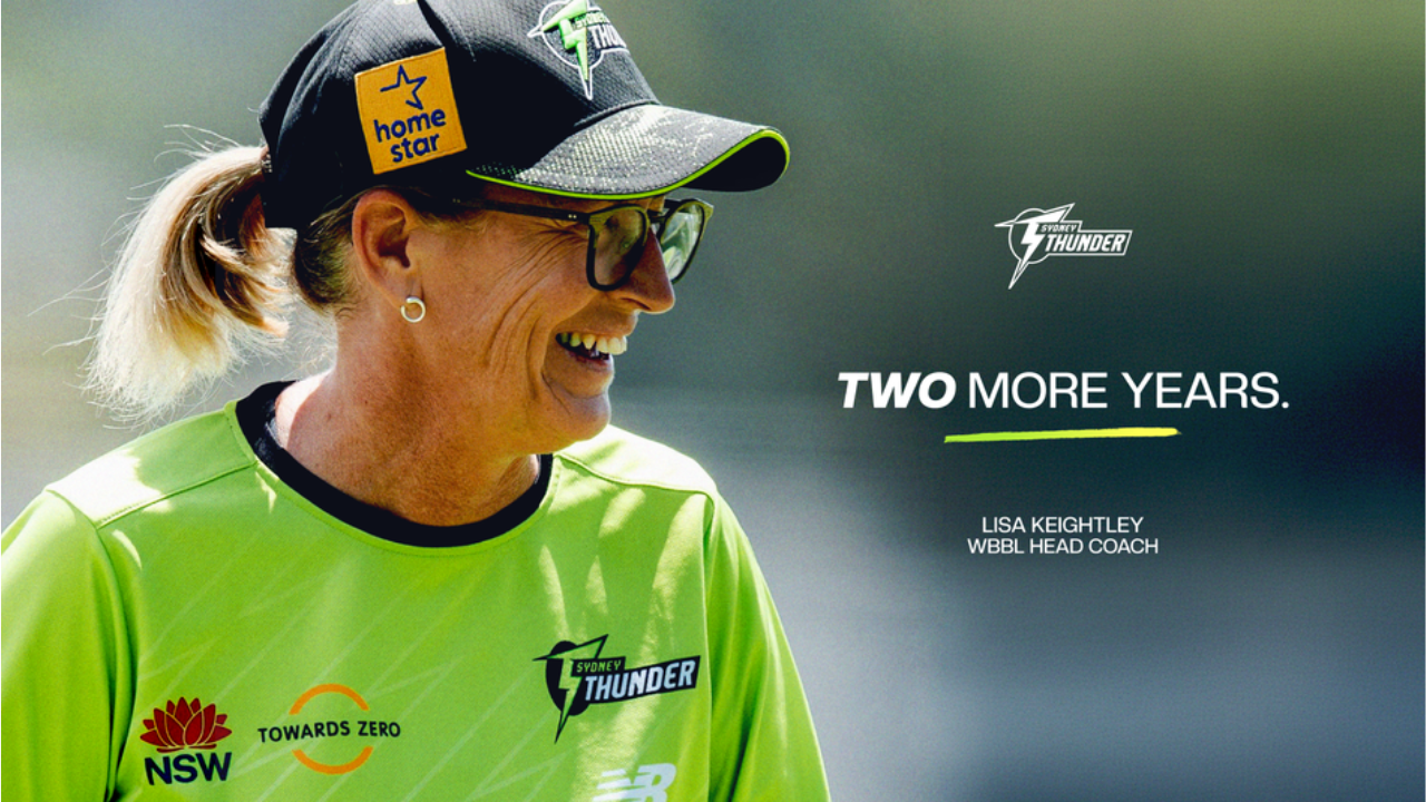 Sydney Thunder WBBL head coach Lisa Keightley after signing a two-year contract extension, featured in official team announcement graphics.