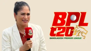 Former Australia cricketer and commentator Lisa Sthalekar pictured alongside the Bangladesh Premier League (BPL) 2026 logo.