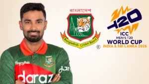 Litton Das in Bangladesh cricket team jersey alongside the Bangladesh Cricket Board (BCB) logo and ICC Men's T20 World Cup 2026 logo, representing Bangladesh's preparations, squad plans, and participation in the T20 World Cup.