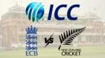 Lord’s Cricket Ground backdrop featuring ICC, ECB and New Zealand Cricket logos ahead of an England vs New Zealand international cricket series.