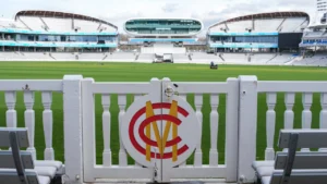 View of Lord's Cricket Ground in London featuring the iconic MCC Pavilion and outfield, widely known as the Home of Cricket.