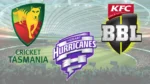 Macquarie Point Stadium concept featuring Cricket Tasmania, Hobart Hurricanes, and Big Bash League (BBL) logos inside a modern cricket stadium.