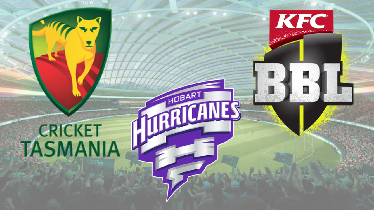 Macquarie Point Stadium concept featuring Cricket Tasmania, Hobart Hurricanes, and Big Bash League (BBL) logos inside a modern cricket stadium.
