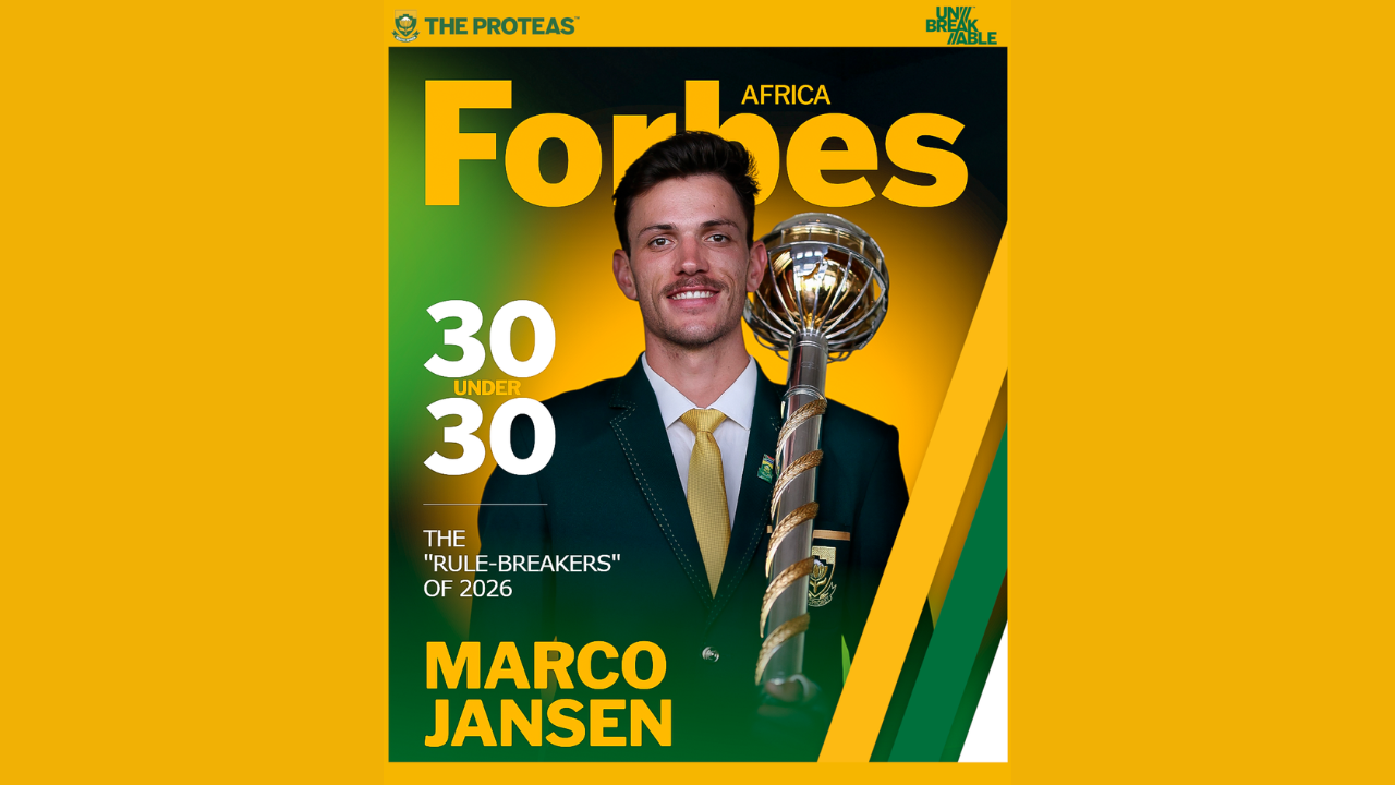 South Africa cricketer Marco Jansen featured on the Forbes Africa 30 Under 30 2026 cover holding a trophy.