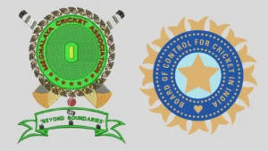 Meghalaya Cricket Association (MCA) logo displayed alongside the Board of Control for Cricket in India (BCCI) logo in a composite graphic representing Indian cricket administration.