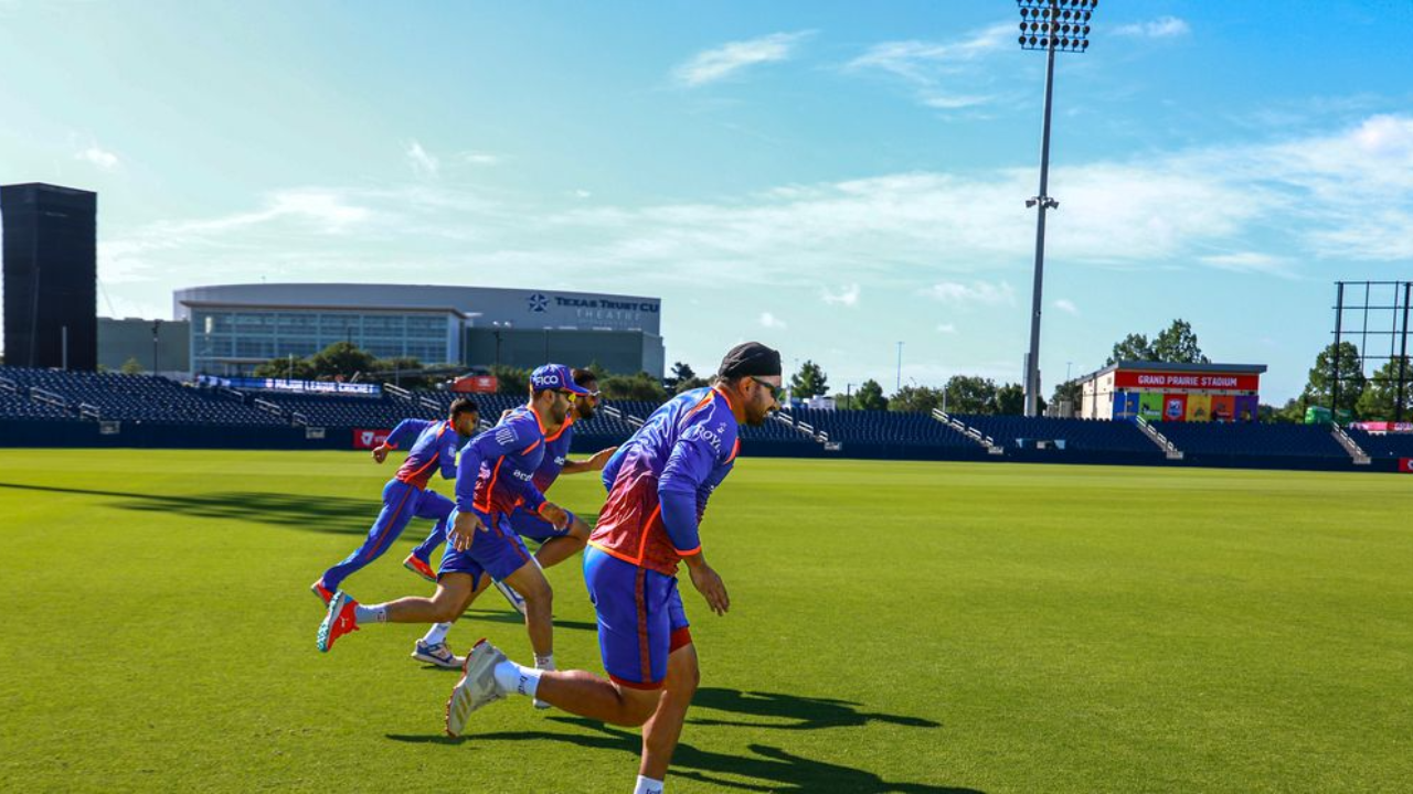 MI New York players take part in a fielding and fitness training session at Grand Prairie Stadium ahead of a Major League Cricket match.