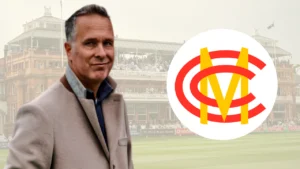 Michael Vaughan pictured in front of Lord's Cricket Ground alongside the Marylebone Cricket Club (MCC) logo, representing English cricket administration and commentary.