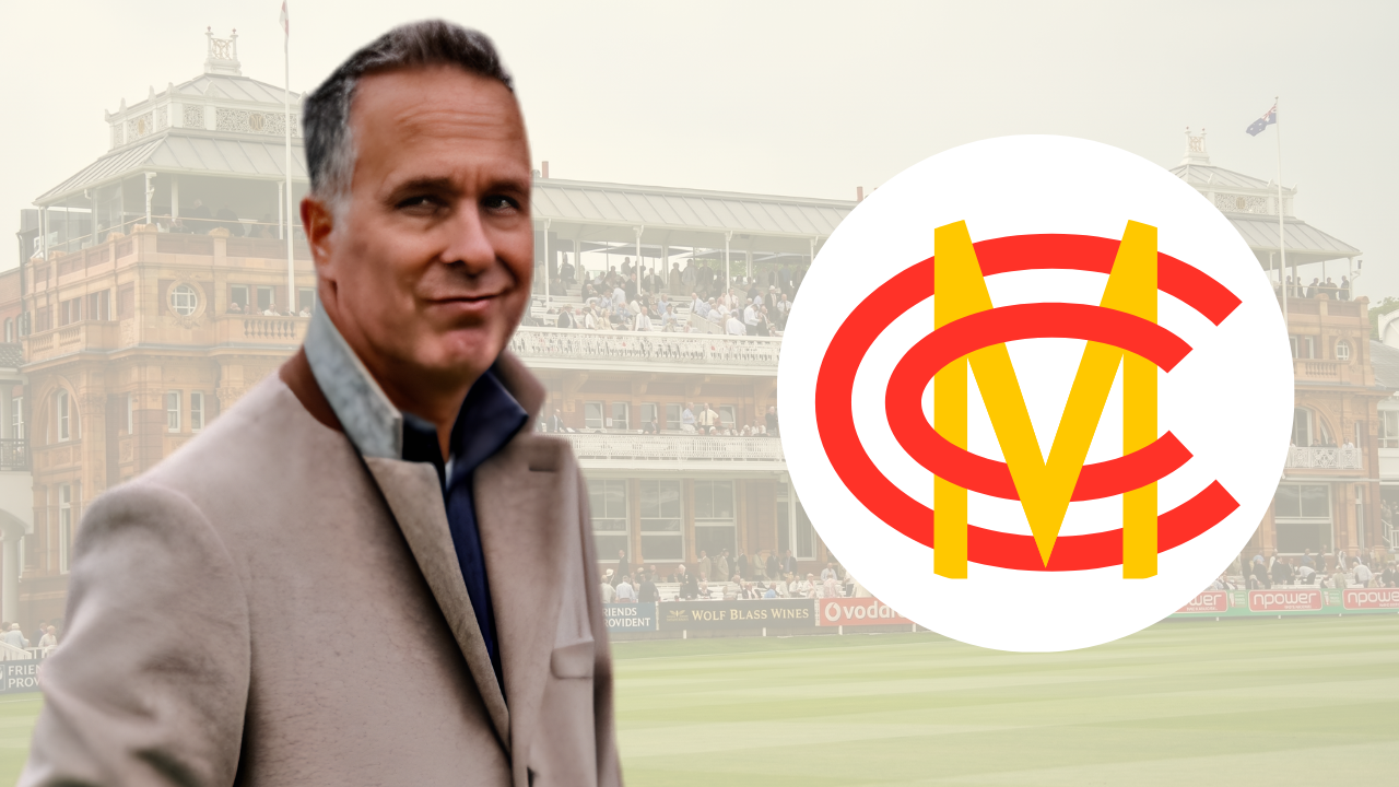 Michael Vaughan pictured in front of Lord's Cricket Ground alongside the Marylebone Cricket Club (MCC) logo, representing English cricket administration and commentary.