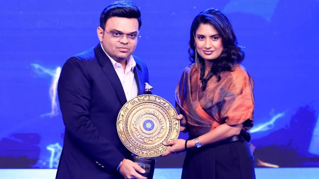 Mithali Raj receives the BCCI Lifetime Achievement Award for Women from BCCI secretary Devajit Saikia during the Naman Awards ceremony in 2025.