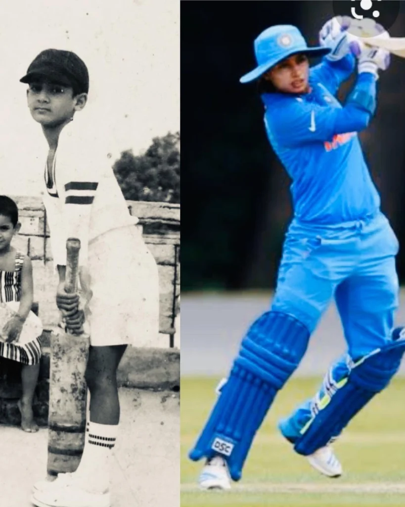 Split image showing Mithali Raj as a child holding a cricket bat alongside her batting for the India women's cricket team, highlighting her journey from childhood to international cricket.