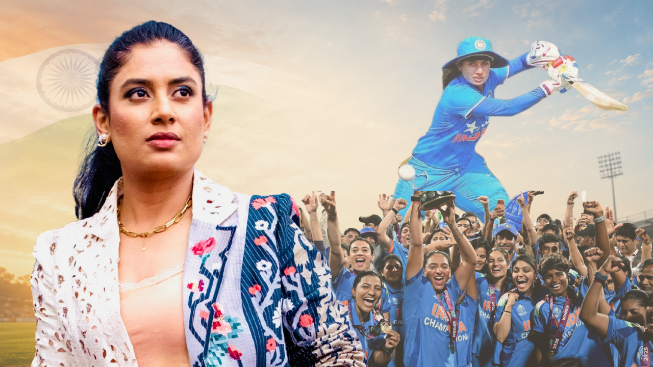 Mithali Raj featured in a tribute graphic celebrating her career with the India women's cricket team, alongside images of her batting and championship celebrations.