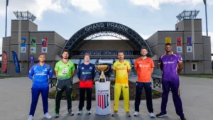 Major League Cricket captains pose with the MLC trophy outside Grand Prairie Stadium ahead of the tournament season in the United States.