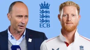 Nasser Hussain and England captain Ben Stokes pictured alongside the ECB logo in a graphic related to England cricket leadership and team developments.