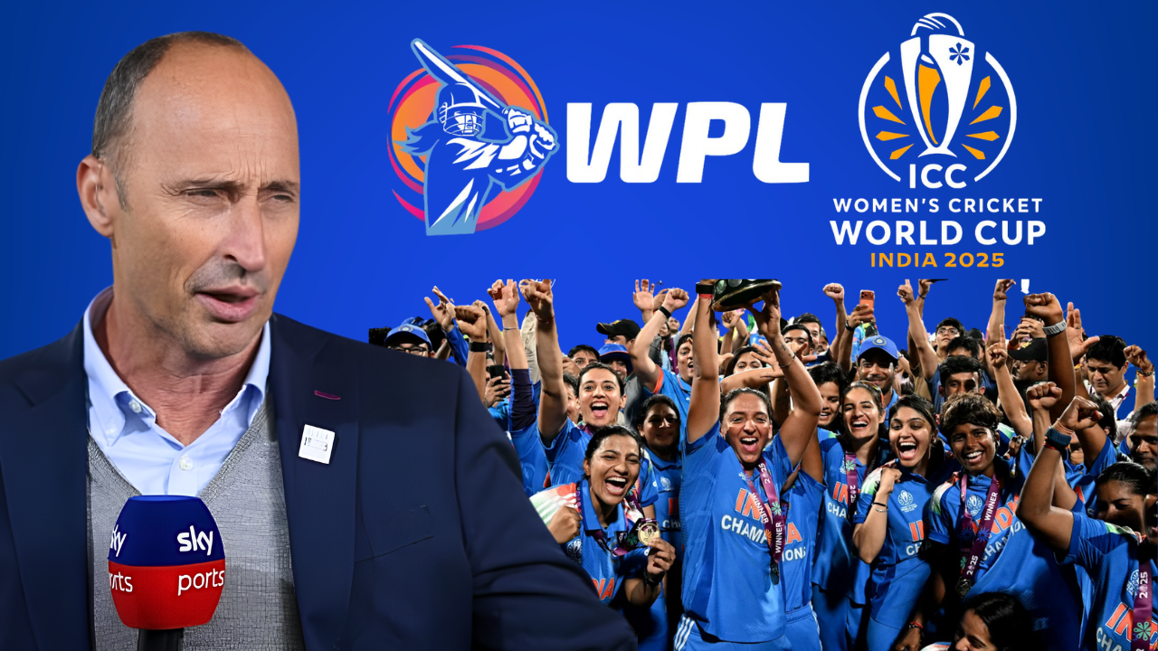 Nasser Hussain alongside Women’s Premier League and ICC Women’s Cricket World Cup India 2025 logos, with India women’s cricket team celebrating a major tournament victory.