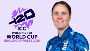 Nat Sciver-Brunt pictured alongside the ICC Women’s T20 World Cup 2026 England and Wales logo ahead of the tournament.