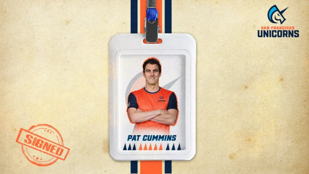 Pat Cummins featured in a San Francisco Unicorns signing announcement graphic after joining the Major League Cricket franchise.