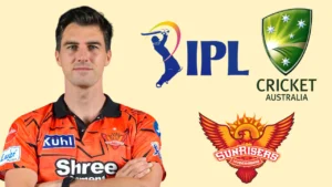 Pat Cummins in Sunrisers Hyderabad jersey alongside IPL, Cricket Australia, and Sunrisers Hyderabad logos in a graphic related to his cricket commitments.