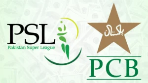 Pakistan Super League (PSL) and Pakistan Cricket Board (PCB) logos displayed against a background of US dollar banknotes, illustrating cricket finances, revenue, or commercial negotiations.