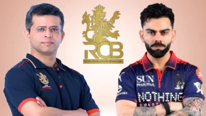 Rajesh Menon and Virat Kohli alongside the Royal Challengers Bengaluru (RCB) logo in a promotional cricket-themed graphic representing the IPL franchise.