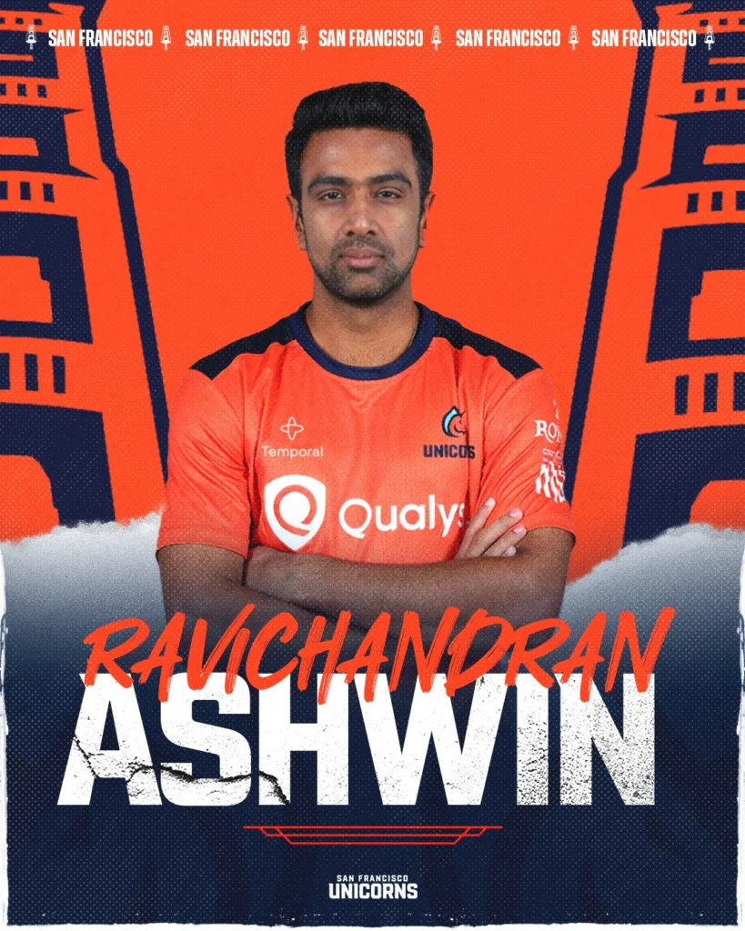 Ravichandran Ashwin wearing a San Francisco Unicorns jersey after joining the Major League Cricket franchise ahead of the MLC season.