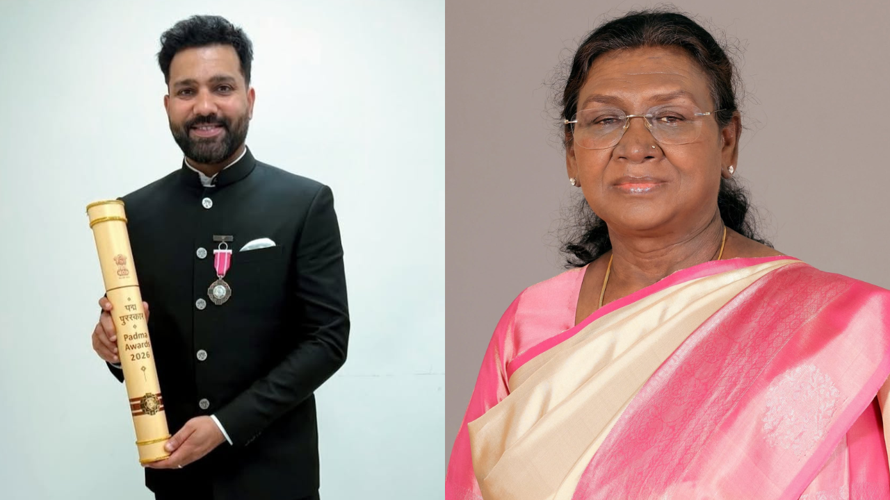 Rohit Sharma poses with his Padma Award 2026 citation while President Droupadi Murmu is featured alongside in a composite image related to the national honor.