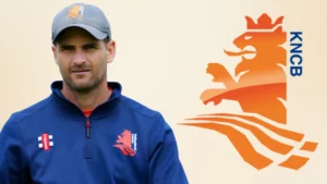 Ryan Cook alongside the Royal Netherlands Cricket Board (KNCB) logo in a composite image related to Netherlands cricket.