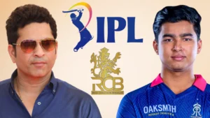 Sachin Tendulkar and Vaibhav Sooryavanshi alongside IPL and Royal Challengers Bengaluru (RCB) logos in a cricket-themed graphic.