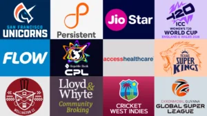 Collage featuring logos of San Francisco Unicorns, Cricket West Indies, Caribbean Premier League, JioStar, ICC Women's T20 World Cup 2026, Texas Super Kings, Flow, Persistent, Access Healthcare, Wellington Cricket Club, Lloyd & Whyte, and the Global Super League.