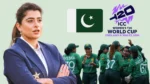 Sana Mir alongside the Pakistan women's cricket team, Pakistan flag, and ICC Women's T20 World Cup 2026 logo after Pakistan secured qualification for the tournament.