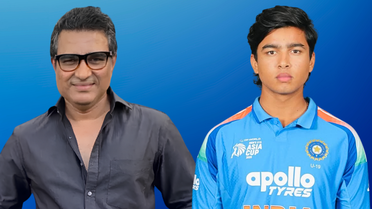 Sanjay Manjrekar and India Under-19 cricketer Vaibhav Suryavanshi featured in a cricket-related graphic on a blue background.